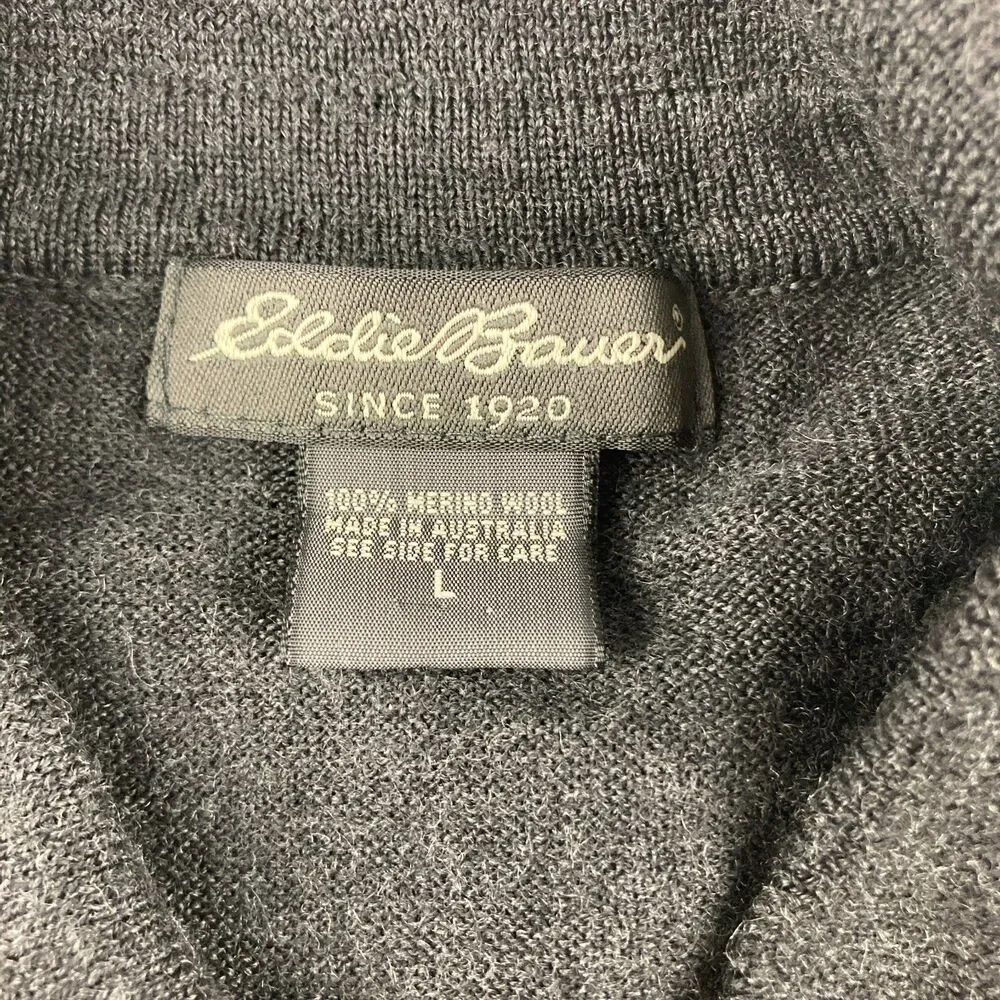 Eddie Bauer Sweater Mens L Gray 100% Merino Wool Made Australia Collared Polo